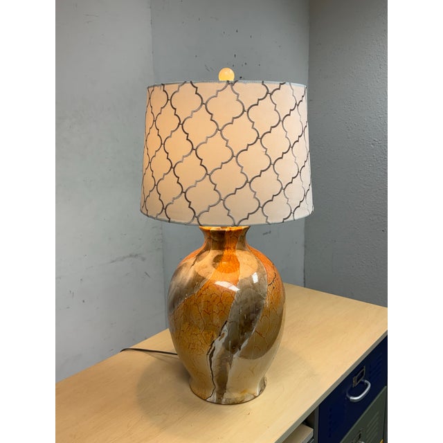 Art Nouveau Amber Glass Table Lamp With Patterned Lamp Shade For Sale - Image 3 of 12