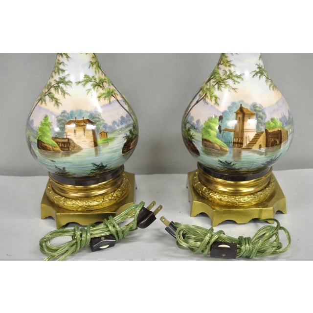 Antique French Napolean III Hand Painted Porcelain Oil Lamp Table Lamps - A Pair For Sale - Image 10 of 14