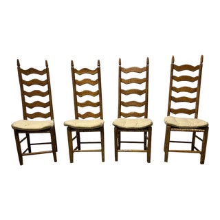 19th Century Set of Four Antique Rush Seat Ladder Back Dining Chairs For Sale