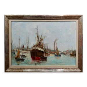 Lanini -Ships in a Crowded Harbor-1930s Impressionist Oil Painting