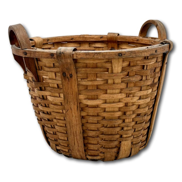 American Large Size Substantially Made Antique American Hand Woven Ash Wood Splint Maine Apple Farm Basket For Sale - Image 3 of 18