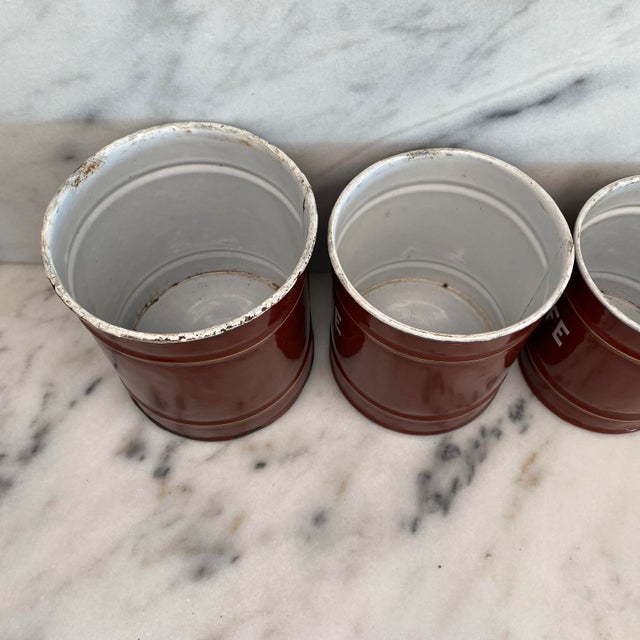 Set of Five French Reddish Brown Enamel Kitchen Canisters With Original Lids For Sale - Image 17 of 18