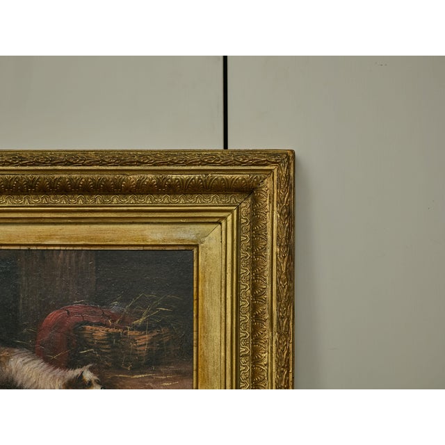 Wood J. Langlois Oil on Board Dog Painting of a Terrier Chasing a Mouse in Gilt Frame For Sale - Image 7 of 12