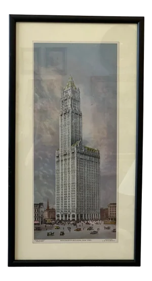 Circa 1930 Woolworth Building Architectural Souvenir Print, Framed