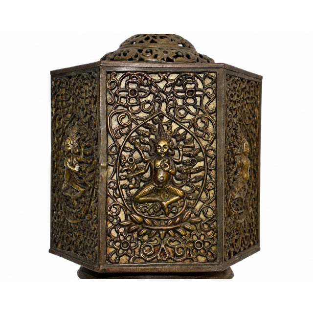 Metal Antique Indian Goddess Pendant Light Lantern Copper Brass Filigree For Sale - Image 7 of 14