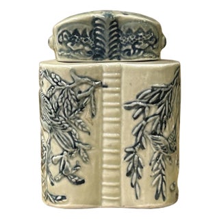 Cream Celadon Porcelain Blue Flower Graphic Cylindrical Container For Sale