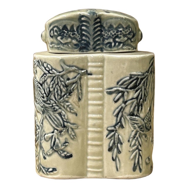 Cream Celadon Porcelain Blue Flower Graphic Cylindrical Container For Sale
