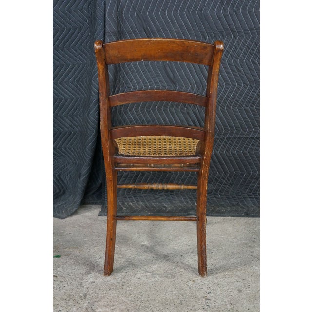 2 Antique American Country Oak Farmhouse Ladderback Chairs Cane Seat Pair For Sale - Image 10 of 18
