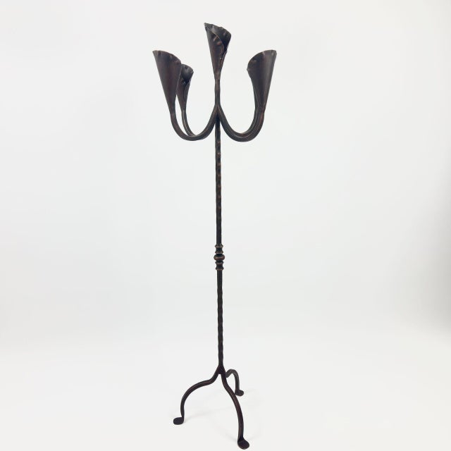 Metal Hand Forged Iron Floor Candelabra 49″ (125cm) Antique Copper Patina 5-Arm Lily Cup Candle Holder Rustic Church Decor For Sale - Image 7 of 8