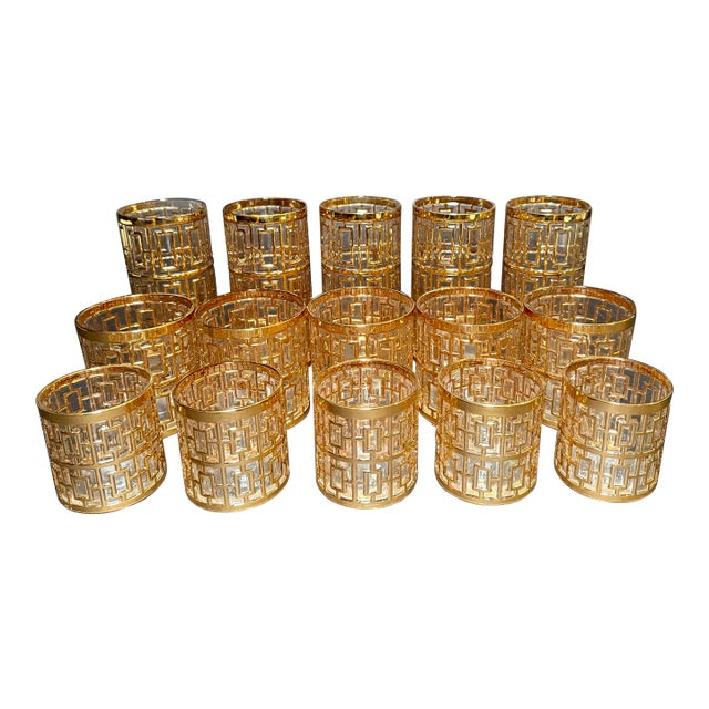 1960s Imperial Glass Co. “Shoji Trellis” Gilt Tumblers- 15 Pieces For Sale