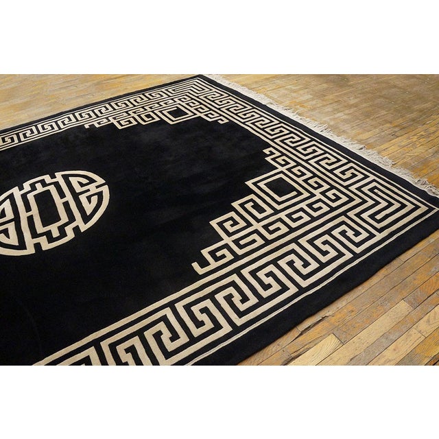 Contemporary Glamorous Black Ground Color With White Color Greek Key Pattern Vintage Chinese Art Deco Rug For Sale - Image 3 of 11