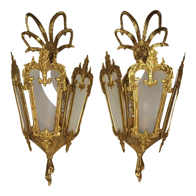1930s Spanish Brass Lantern Wall Sconces - a Pair For Sale