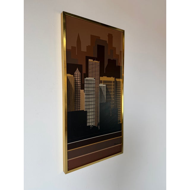 Mid-Century Modern 1970s Vintage Franco Modernist Cityscape Acrylic on Canvas Painting – Gold Aluminum Frame For Sale - Image 3 of 11
