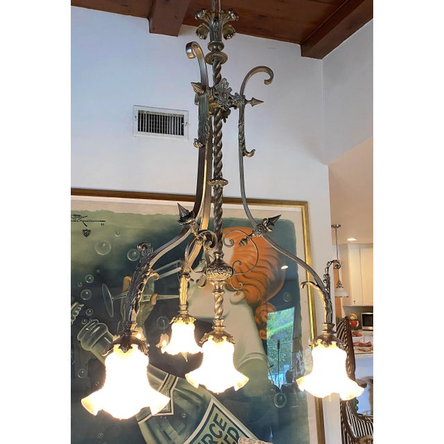 Metal Antique Late 19th Century French Ornate Silver 4 Light Chandelier With Glass Shades Stamped "P B" For Sale - Image 7 of 8
