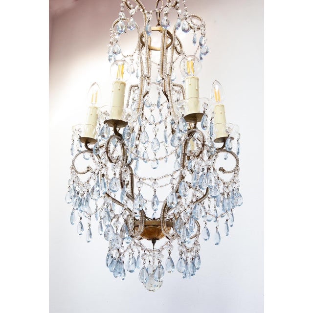 Italian Waterfall Chandelier in Gold-Plated Metal with Blue Crystals, 1960s For Sale - Image 11 of 14