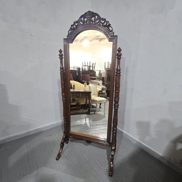 Superb French cheval mirror, carved top, in overall excellent condition throughout. 77" high 33" wide 24" depth