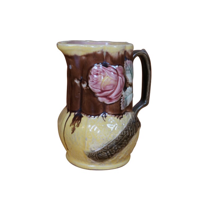 English Antique English Majoilca Rose Flower Scroll Creamer Pitcher Milk Jug For Sale - Image 3 of 12