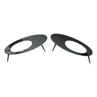 Mid 20th Century Pair Glass Top Black Lacquer Oval Pierced Shape Solid Tops End Side Tables Stand For Sale