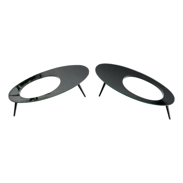 Mid 20th Century Pair Glass Top Black Lacquer Oval Pierced Shape Solid Tops End Side Tables Stand For Sale