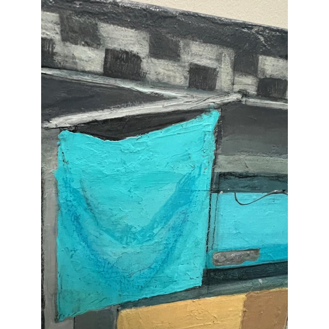 "Put a Ring on It" Contemporary Cityscape Painting in Aqua, Gray and Gold by Mill Valley Artist Mary Anne McKernie For Sale - Image 4 of 10