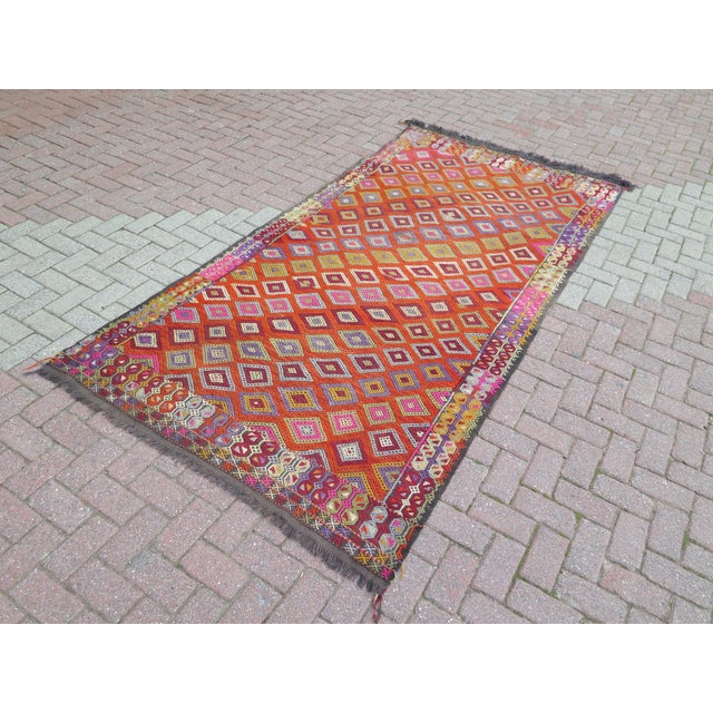 Mid 20th Century Mid 20th Century Mid 20th Century Persimmon Color Turkish Handmade Kilim Boho Area Rug For Sale - Image 5 of 11
