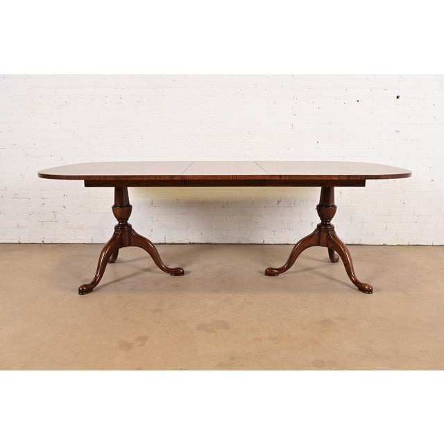 Queen Anne John Stuart Georgian Oak Double Pedestal Extension Dining Table, Newly Refinished For Sale - Image 3 of 14