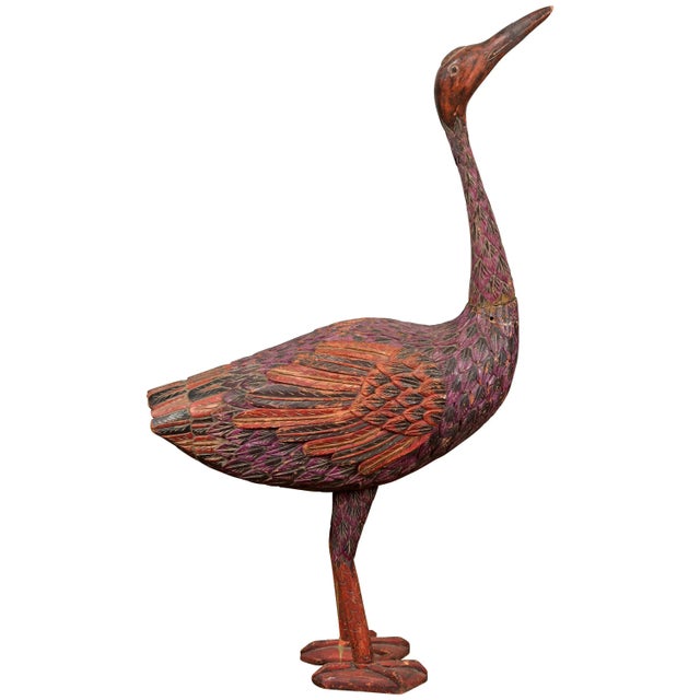 Indonesian Hand Carved Heron Sculpture with Purple, Orange and Black Tones For Sale - Image 13 of 13