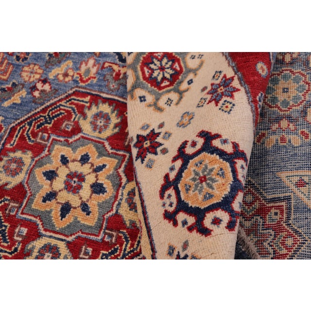 Textile Boho Chic Kazak Light Blue/Beige Wool Round Rug- 8'0''x8'0'' For Sale - Image 7 of 9