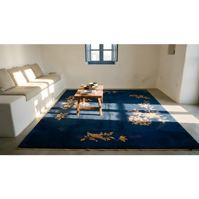 1920s Navy Blue Open Field Floral Antique Chinese Art Deco Carpet 8'10" X 11'9" Knotted Wool Rug For Sale - Image 12 of 12