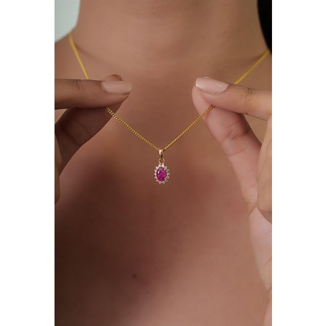 Ruby Red Peitite Certified Natural Ruby & Diamond Halo Cluster Pendant in 14k Yellow Gold For Sale - Image 8 of 14