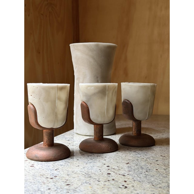 Vintage Brutalist Barware Set with Hand-Molded Capa Carafe and Vessels with Copper Bases, Set of 4 For Sale - Image 5 of 12