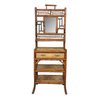 Antique English Victorian Bamboo & Rattan Mirrored Etagere Shelf Stand Boho Chic For Sale