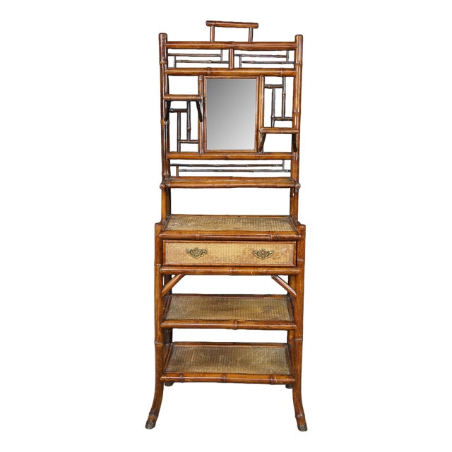 Antique English Victorian Bamboo & Rattan Mirrored Etagere Shelf Stand Boho Chic For Sale