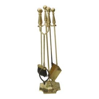 Vintage Solid Brass Fireplace Tool Set- 5 Piece For Sale