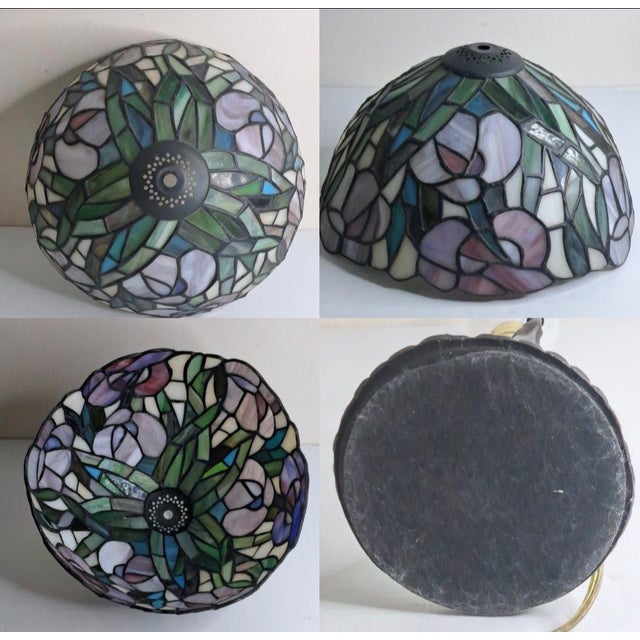 Vintage 1970/80s Tiffany Style-Stained Glass Pansy Table Lamp Bronze Base 16" H For Sale In West Palm - Image 6 of 10