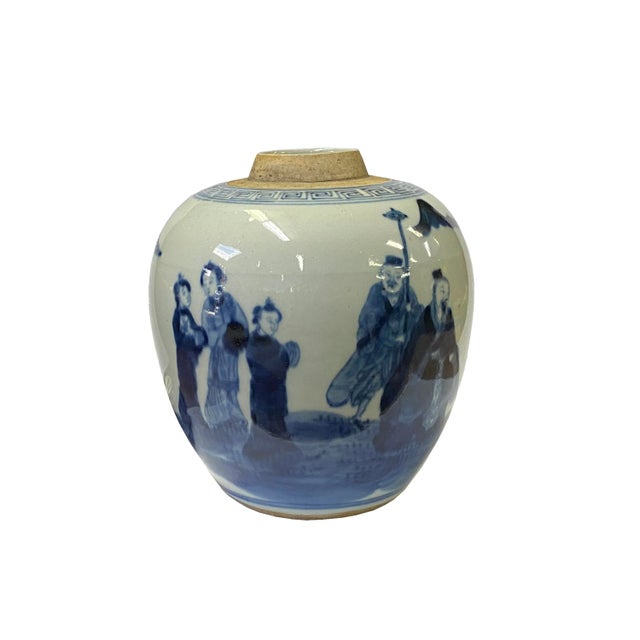 Oriental Handpaint People Small Blue White Porcelain Ginger Jar For Sale - Image 4 of 5