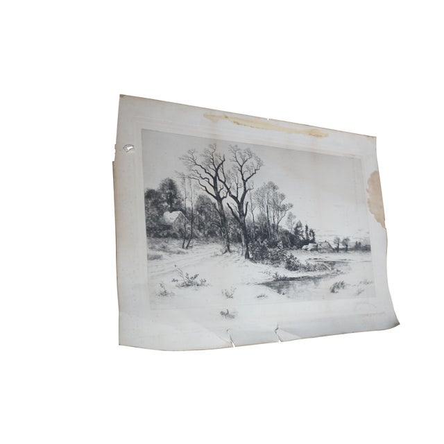 Realism Antique George William Bohde Signed Barn Pond Landscape Etching 31" For Sale - Image 3 of 12