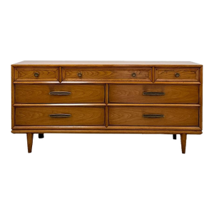 Heritage MCM Lowboy 7-Drawer Dresser Unique Brass Pulls Vintage Long Dresser