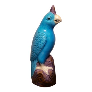 Vintage Mid 20th Century Chinese Turquoise/Purple Polychrome Porcelain Parrot Figurine For Sale