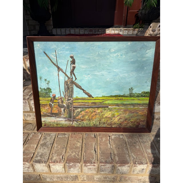 Signed 1975 Oil on Canvas by Pnakash – African Agricultural Labor Scene For Sale - Image 4 of 12