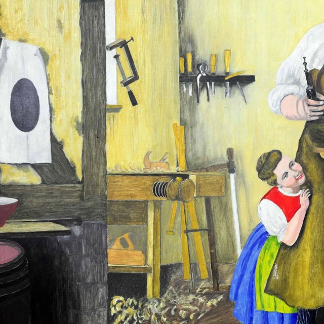 W. Melchinger, Bavarian Folksy Scene in Joinery, Oil on Cardboard For Sale - Image 3 of 6