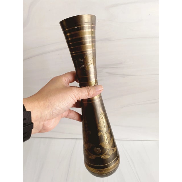 Vintage Etched Dark Brass and Light Brass Metal Vase For Sale - Image 4 of 7