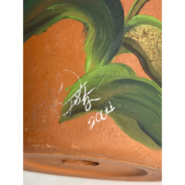 Shabby Chic Vintage Handpainted Terracotta Pot Painted With Orchids and Signed For Sale - Image 3 of 4