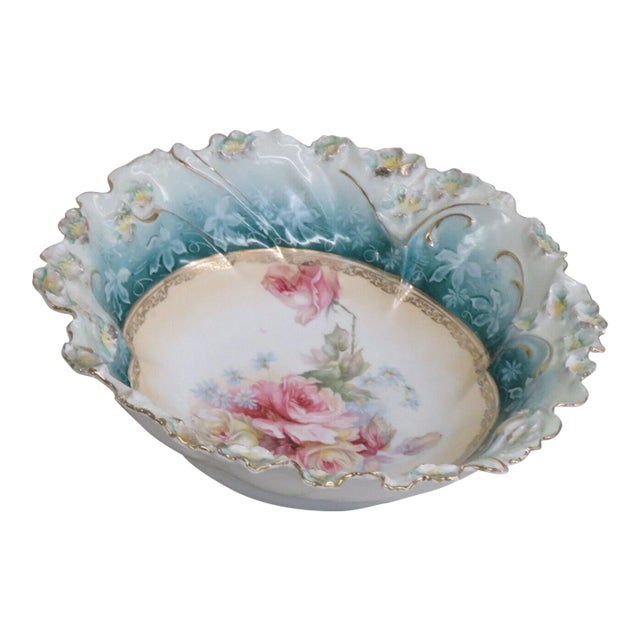 Rs Prussia Style Large Porcelain Floral Pink Roses Blue Bowl For Sale