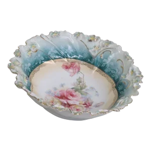Rs Prussia Style Large Porcelain Floral Pink Roses Blue Bowl