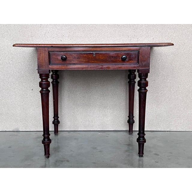 Spanish Country Pine Side Table With Two Sides Drawer and Leather Top For Sale - Image 4 of 12