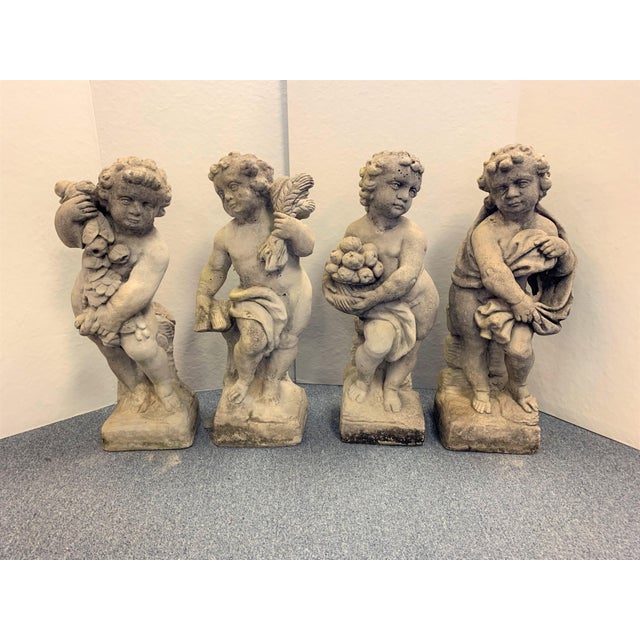 Mid 19th Century Vintage Four Seasons Cherubs Cast Stone Garden Statues