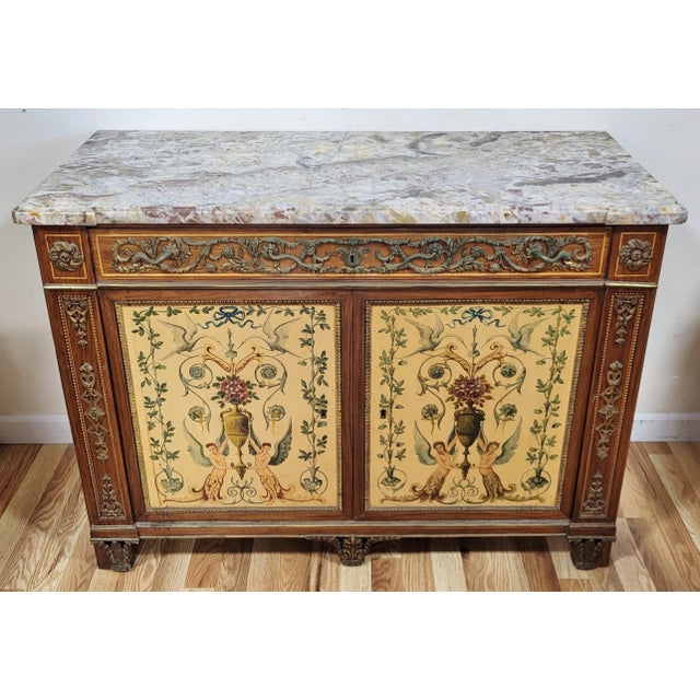 French Vintage French Style Hand Painted Marble Top Buffet Server Bar For Sale - Image 3 of 16