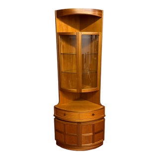 Nathan Squares Vintage Teak Curved Glass Corner Cabinet For Sale