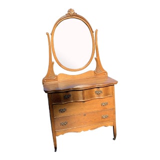 Antique Oak Full Sized Dresser With Harp Mirror For Sale